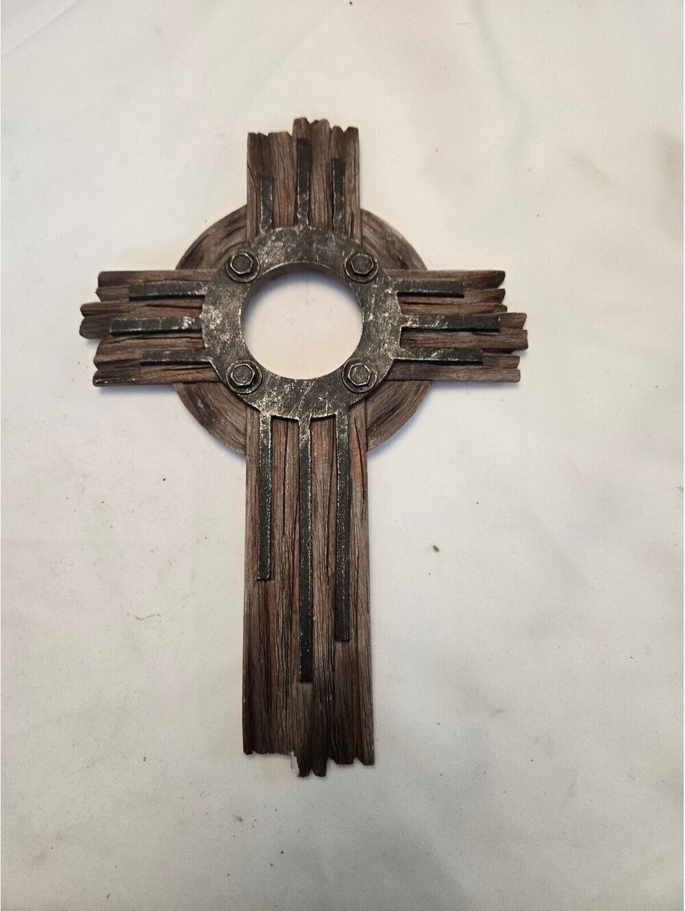 Rustic Wooden Wall Cross with Metal Accents 11.5x8